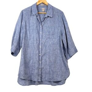 Chico's No Iron ¾ Sleeve 100% Linen Button Down Tunic Shirt 3P XLP Blue Office